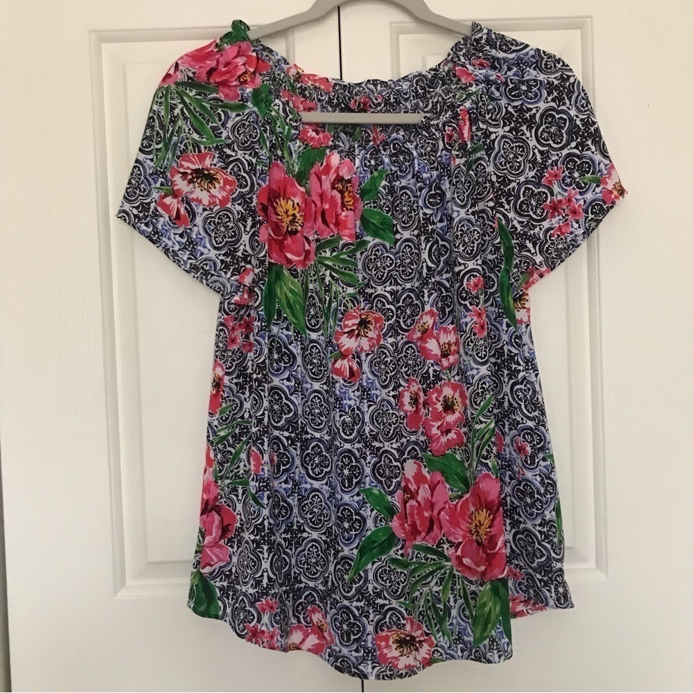 Talbots Floral Tile On/Off Shoulder Short Sleeve Resort Blouse Top NWOT S - Picture 3 of 12